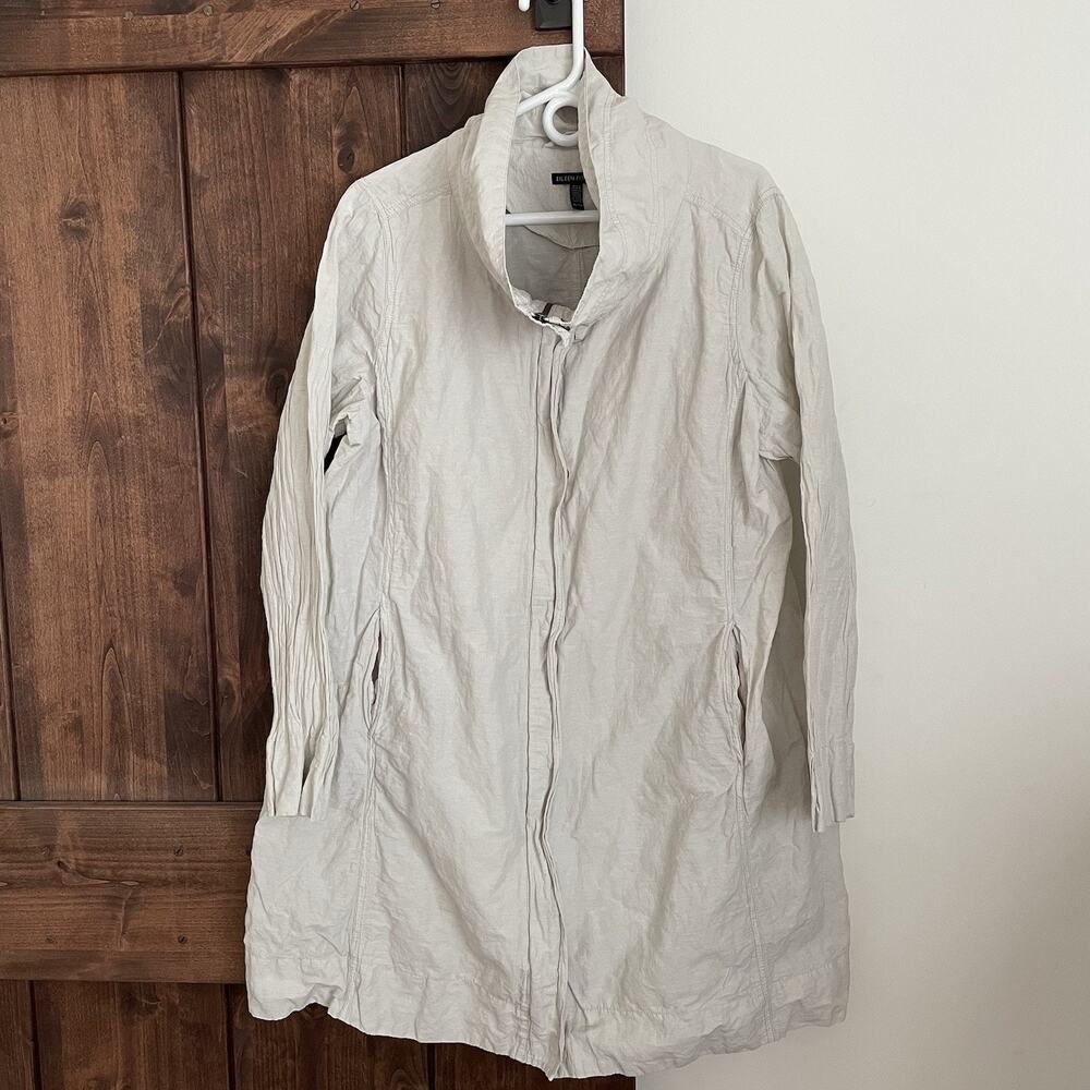 EILEEN FISHER XL rumpled ORGANIC COTTON STEEL HIGH COLLAR ZIP COAT Bone Gray